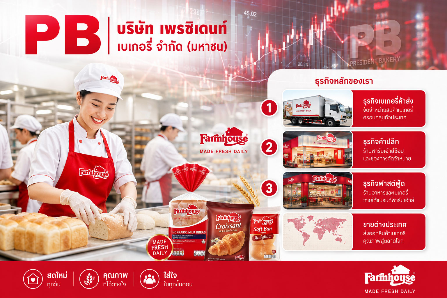 ขนมปังฟาร์มเฮ้าส์ เบเกอรี่ฟาร์มเฮ้าส์ ภายใต้แบรนด์ ฟาร์มเฮ้าส์ วิเคราะห์ หุ้น PB บริษัท เพรซิเดนท์ เบเกอรี่ จำกัด (มหาชน)