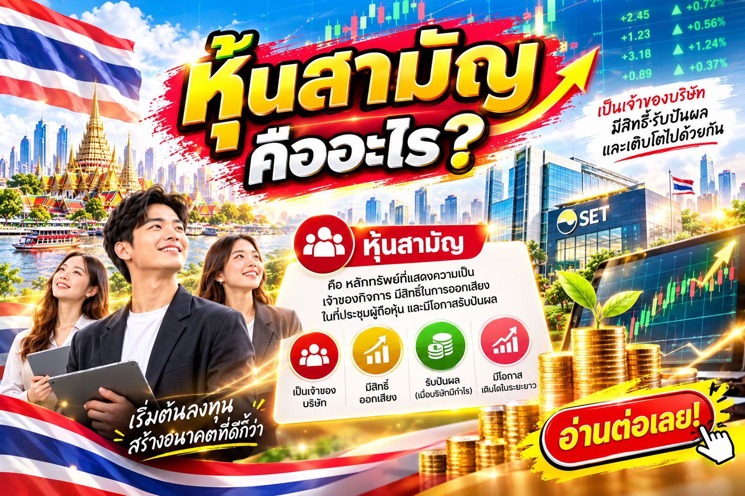 หุ้นสามัญคืออะไร? รู้จักสิทธิผู้ถือหุ้น เงินปันผล และความเสี่ยงก่อนลงทุน