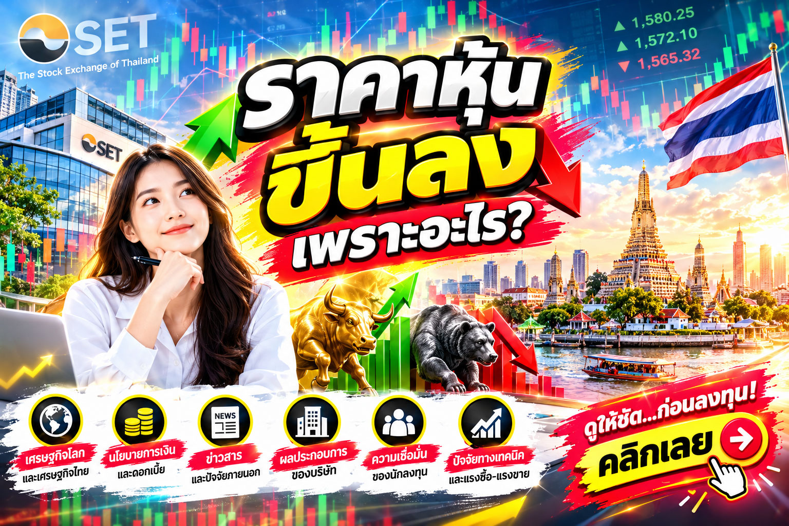 ราคาหุ้นขึ้นลงเพราะอะไร? เจาะลึกปัจจัยที่มีผลต่อราคาหุ้น ทั้งข่าว งบการเงิน เศรษฐกิจ แรงซื้อแรงขาย และกราฟเทคนิค เข้าใจง่ายสำหรับนักลงทุนมือใหม่และสายเทรด